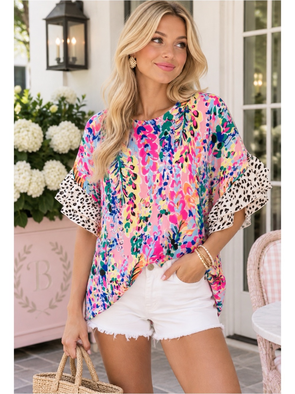 Beeson River Top Feeling Bold Fuchsia Floral & Animal Print Ruffle Short Sleeve